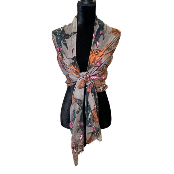 Unbranded Scarf Womens Long Rectangle Bird Butterfly Brown Green Fringe - Picture 2 of 9